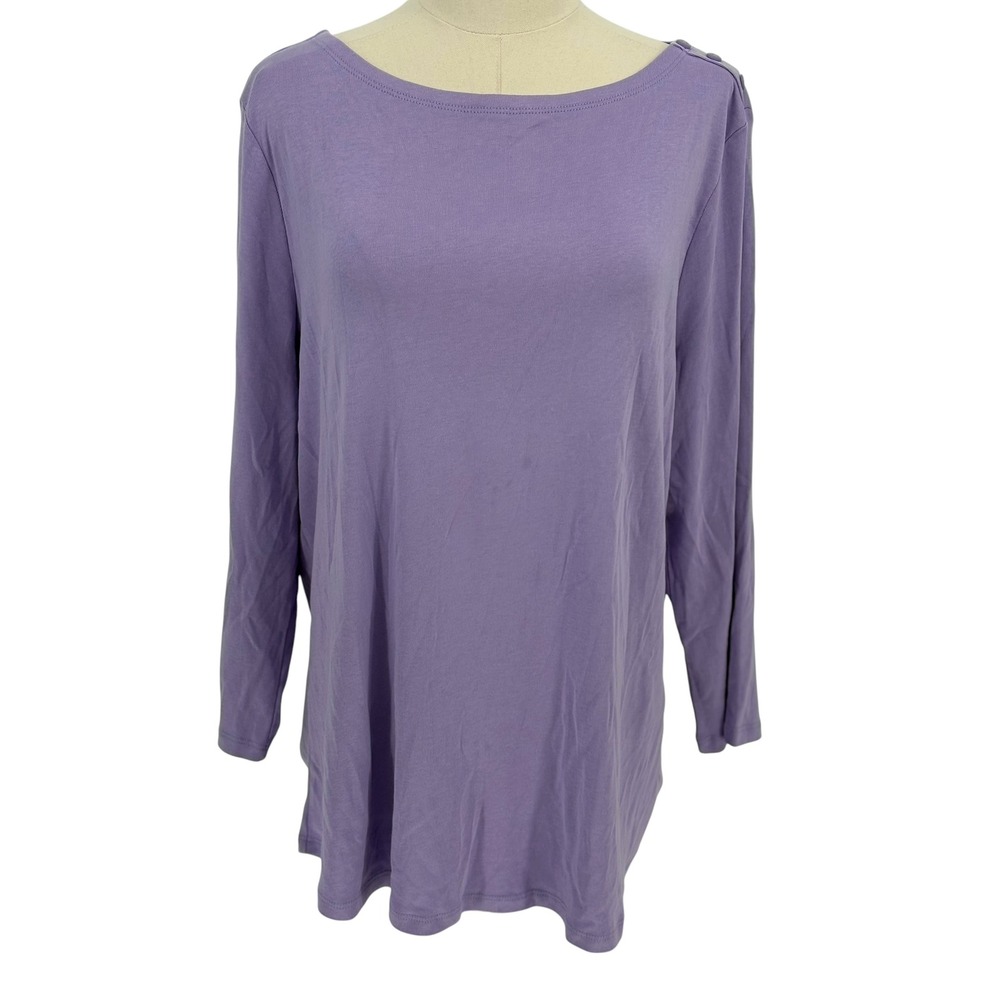 Charter Club Long Sleeve Tee Purple Button Shoulder 100% Cotton XL